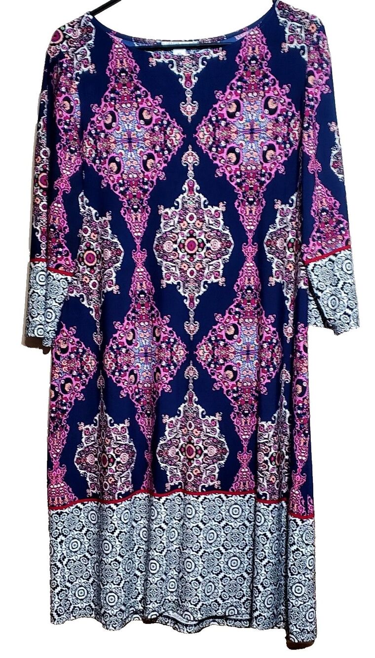 London Style Collection 18P Blue Pink Paisley Medallion Stretch Dress Boho Chic